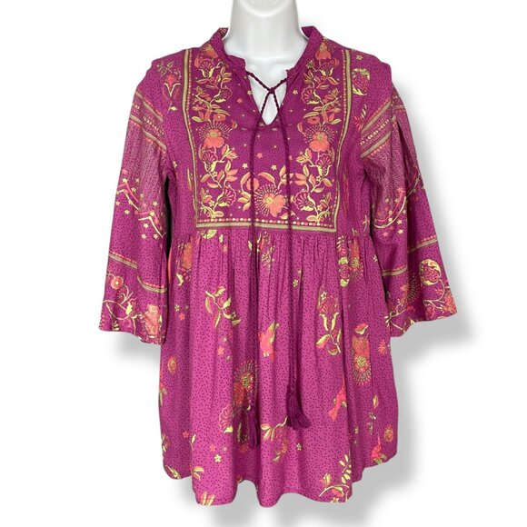 Max Tunic Top Blouse‎ Cropped Bell Sleeves Floral Hummingbird Tassel Neck Small - Picture 3 of 16